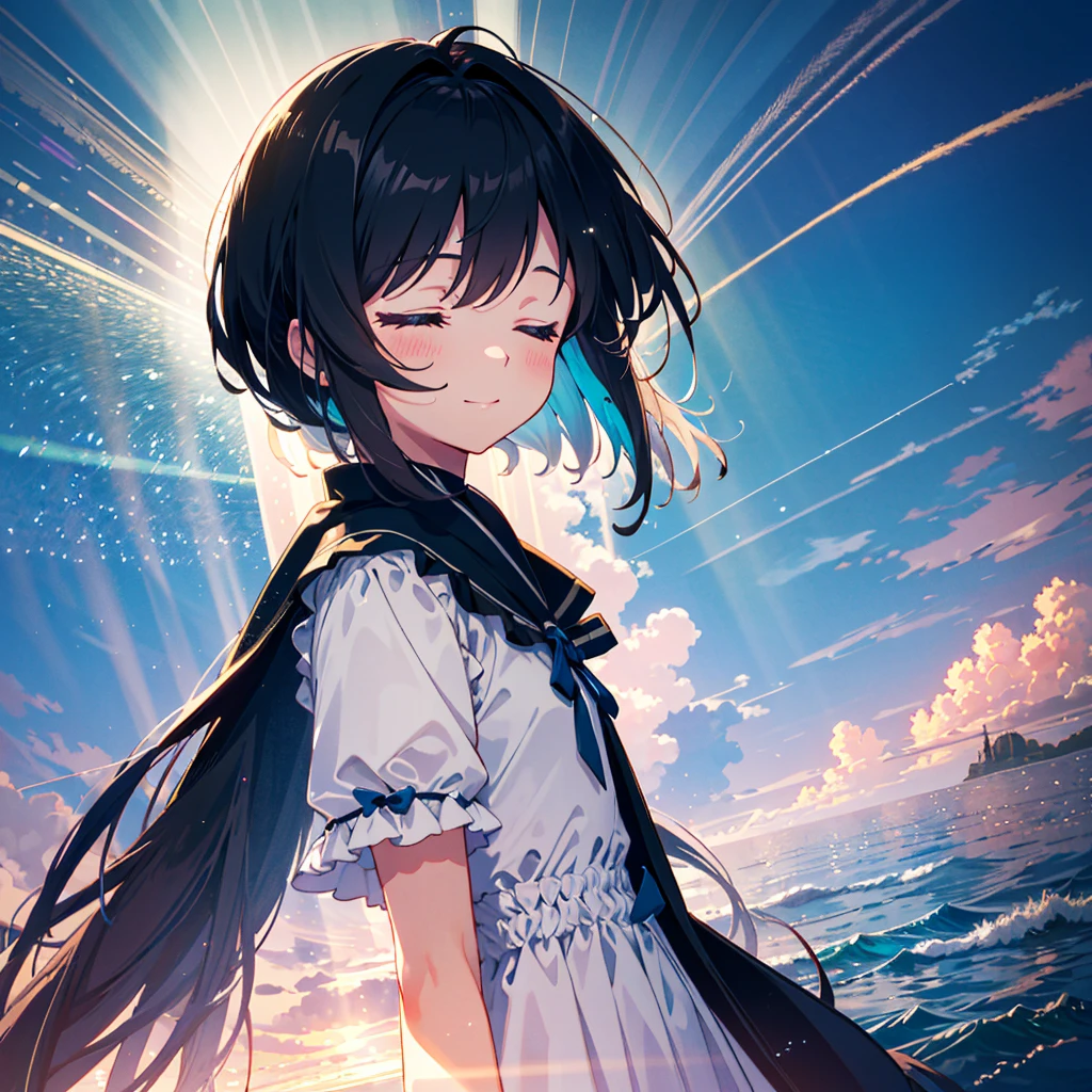 popish art:1.5, pastel color, vivid color, neon color, vibrant color, bold color, colorful, colorful, dynamic, official art, beautiful and aesthetic, 1girl, long hair, black hair, medium bob cut, masterpiece, best quality, extremely detailed, (pastel), 8k cg wallpaper, stunning art, absurdres, a cute child girl, , platinum silver long hair, gothic onepiece dress, frill, short sleeves, light smile, closed eyes, looking away, (head back:0.8), open arms, upper body, from below, cinematic angle, blue sky, sea, BREAK (cinematic sunbeam:1.3),