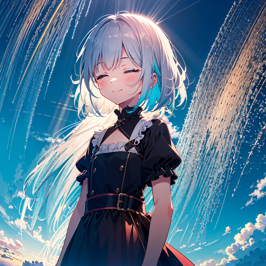 popish art:1.5, pastel color, vivid color, neon color, vibrant color, bold color, colorful, colorful, dynamic, official art, beautiful and aesthetic, 1girl, long hair, black hair, medium bob cut, masterpiece, best quality, extremely detailed, (pastel), 8k cg wallpaper, stunning art, absurdres, a cute child girl, 10yo, platinum silver long hair, gothic onepiece dress, frill, short sleeves, light smile, closed eyes, looking away, (head back:0.8), open arms, upper body, from below, cinematic angle, blue sky, sea, BREAK (cinematic sunbeam:1.3),