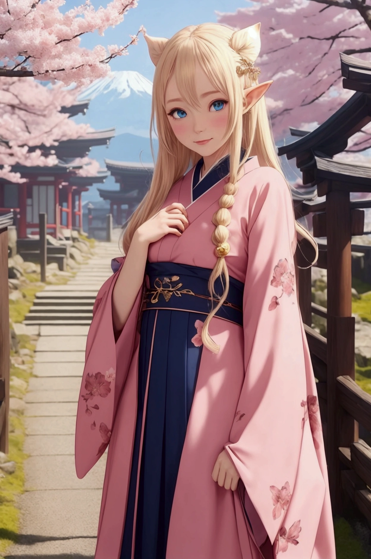 Mount Fuji, cherry blossoms and elves, Japan, Beautiful elven woman, Professional Lighting, 8k, masterpiece, ears are long and pointed, Blonde Hair, Beautiful blue eyes, Fantasy Characters, Big eyes, A happy look, Walking along the path leading to Mount Fuji, Fantasy clothing, Anime elves in a real-life setting, 美しいears are long and pointed女性