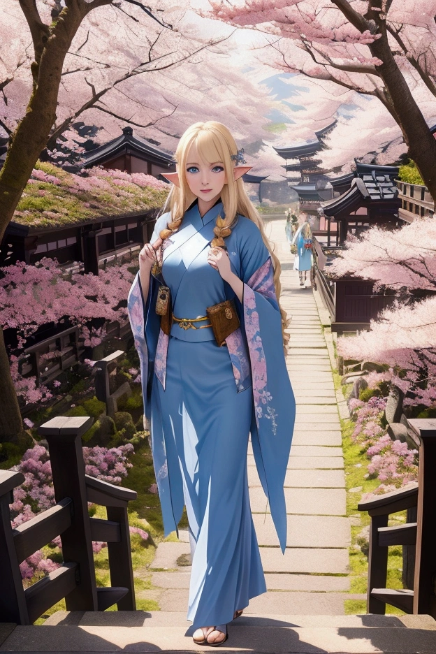 Mount Fuji, cherry blossoms and elves, Japan, Beautiful elven woman, Professional Lighting, 8k, masterpiece, ears are long and pointed, Blonde Hair, Beautiful blue eyes, Fantasy Characters, Big eyes, A happy look, Walking along the path leading to Mount Fuji, Fantasy clothing, Anime elves in a real-life setting, 美しいears are long and pointed女性