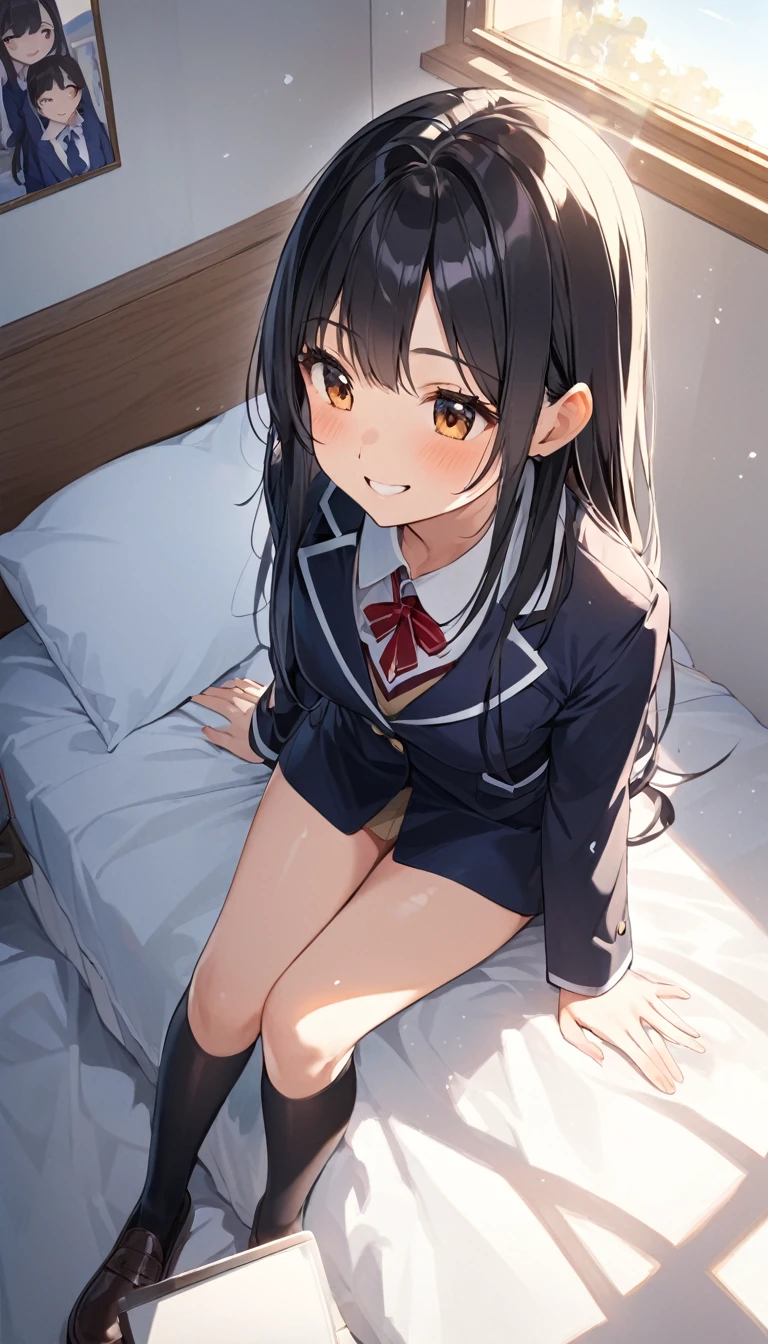 girl,cute,cute,From above,Chest to head,Look here,smile,Embarrassing,Straight hair,Long Hair,Black Hair,Blazer-type uniform,girl sitting,Bedroom,morning,sunny,Big Pictures