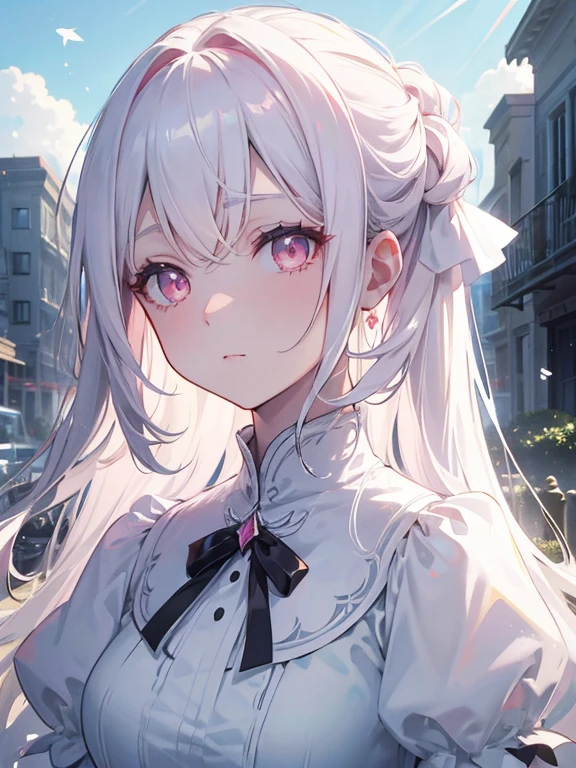 White medium hair, Center parted hair, White Dress, (Detailed pupils, Pale pink eyes,Symmetrical eyes )Black thin ribbon, garden, noon, city, blue sky, beautiful, Dramatic Light, Strong Shadows, Nice views, Depth of written boundary, Cinema Lighting, ((masterpiece)), Attention to detail, high quality, 最high quality, High resolution, Staring at the audience