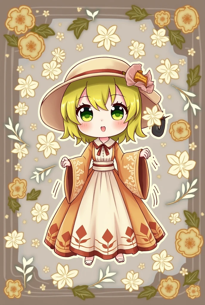 Um pernagem chibi  com libraryai，Whispers，Pepper's，orange flower，patchouli，benzoin，fava tonka，Cip，Cedar，vanilla，lily of the valley，pure and cute、With a literary atmosphere