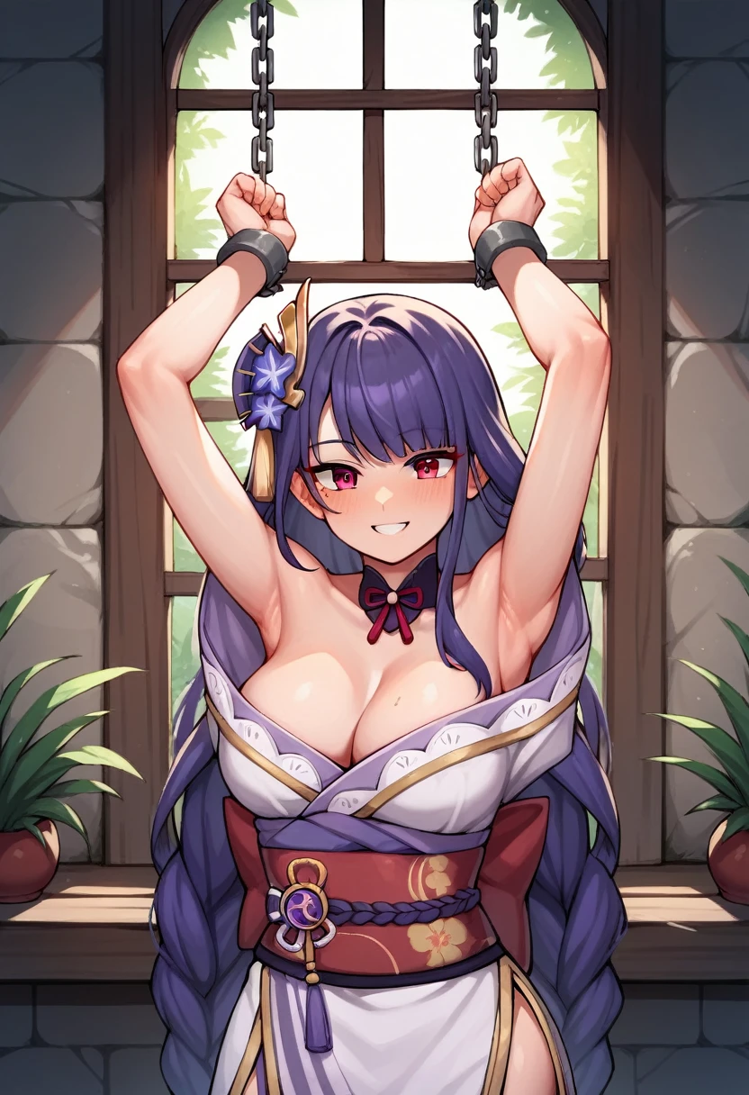 score_9, score_8_up, score_7_up, score_6_up, score_5_up, score_4_up, source_anime, 1girl,lora:raidenshogun1-000009:1>, raidenshogundef, very beautiful girl,domination, upper body, lush breasts, smile, worth, full body, windows, wall, purple hair, long hair, brown eyes, w-w-chain, shackles, raise arms, messy hair, kimono, dungeon, best quality, best res, 4K UHD,