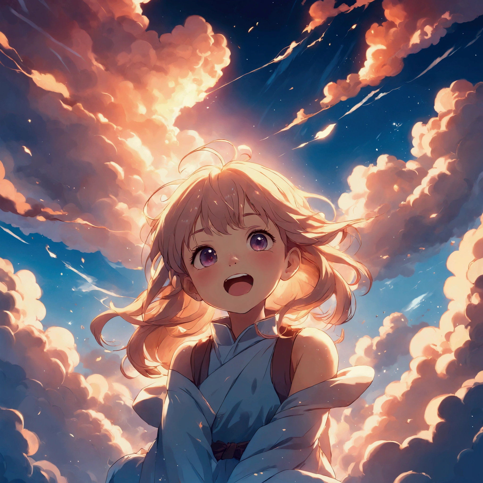 masterpiece, best quality, movie still, 1girl, cloud girl, floating in the sky, close-up, bright, happy, warm soft lighting, sunset, (sparks:0.7)