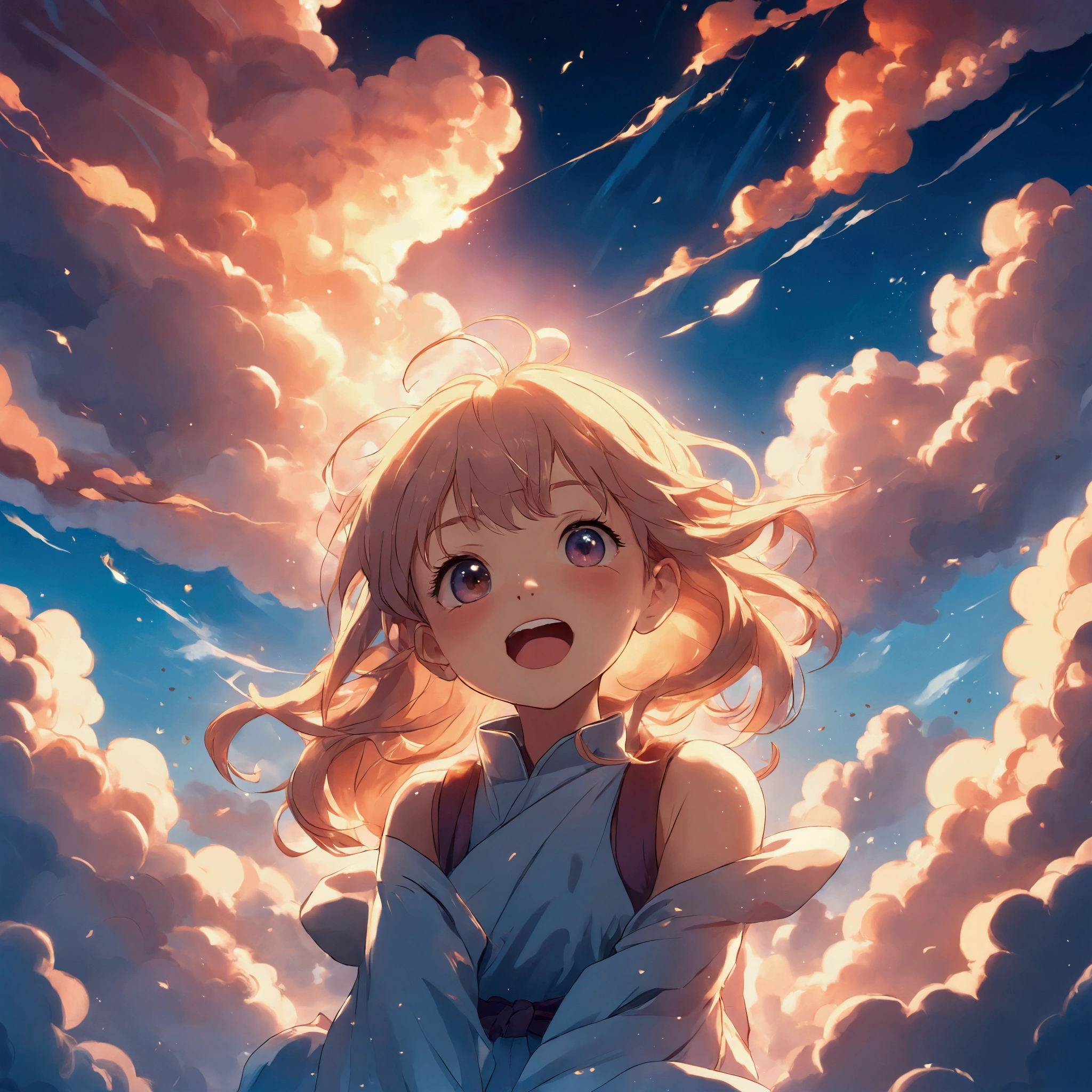 masterpiece, best quality, movie still, 1girl, cloud girl, floating in the sky, close-up, bright, happy, warm soft lighting, sunset, (sparks:0.7)