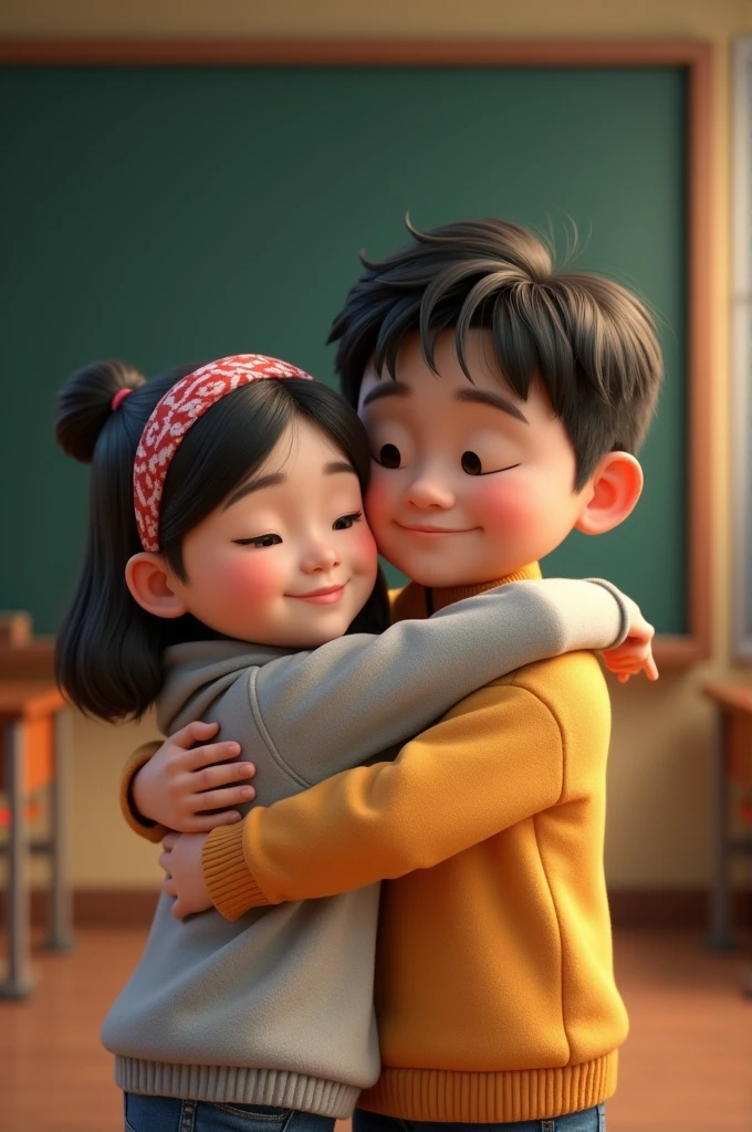 Picture of a young Korean age boy hugging a pretty woman in a headband who looks sweet at school 3D baground blackboard