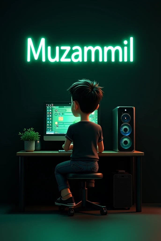 Create a 3D illusion of an animated character who is sitting on the chair in front of the Gaming PC and the LCD are fully show me and the boy is seeing me and he is wearing a casual jeans and shirt . The background are black and "Muzammil" written on the black wall where the name muzammil is glowing in green color