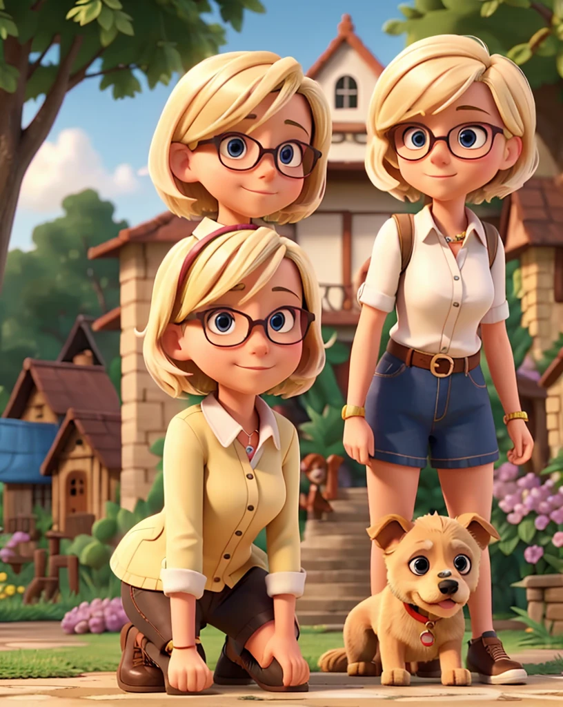 a blonde woman with short hair and glasses, crouching, two dogs, one on a leash, colorful garden in the background, street