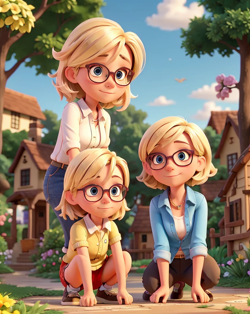 a blonde woman with short hair and glasses, crouching, two dogs, one on a leash, colorful garden in the background, street