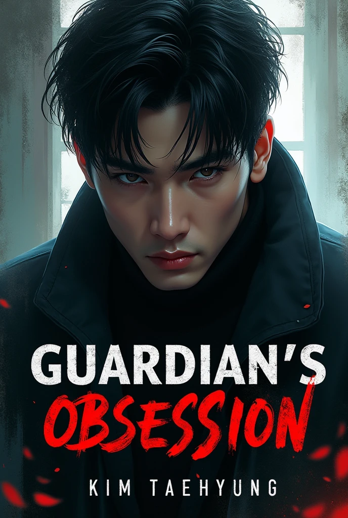 Create a book cover of Kim Taehyung with the title name "Guardian's Obsession" make it realistic and intimidating and with extra details 