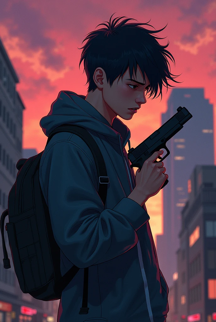 Adult boy carrying modern pistol in angry mood totally broken internally urban area big building view from beyond of him sky occur pink orenge and purple colour evening time In 2d