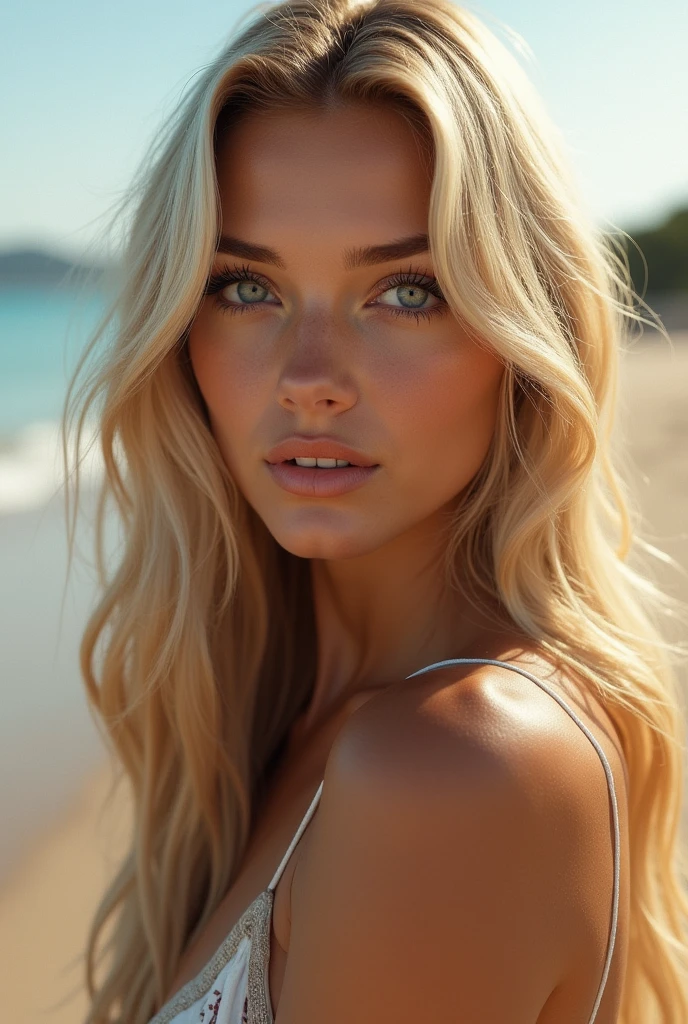 une belle fille aux longs cheveux blonds, detailed eyes, nose, and lips, on the beach , femme qui ressemble a alisha lehmann realiste