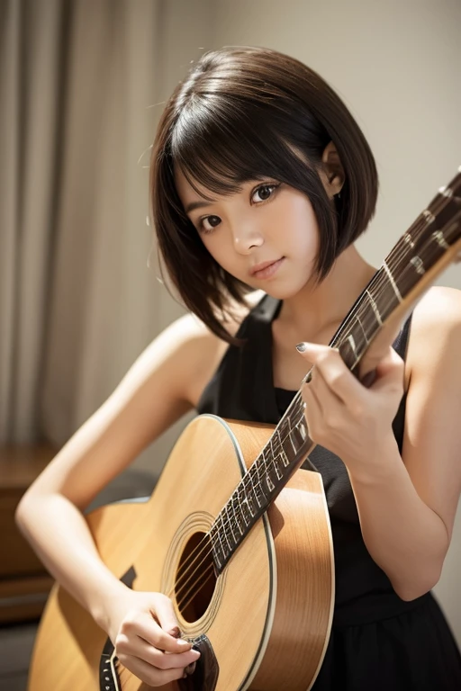 Woman holding a guitar Pencil style Shortcuts Short hair