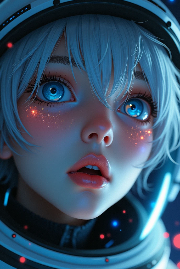 (Close-up of a better masterpiece:1.5)0.9], (Space and astronauts:1.2) (Messy silver hair:1.1) (Heterochromia xanthochromia and blue eyes:1.2) (Space Helmet:1.0) (Colored stars in the eyes:1.0) (A radiant glow:1.1) (thick lips:0.9)