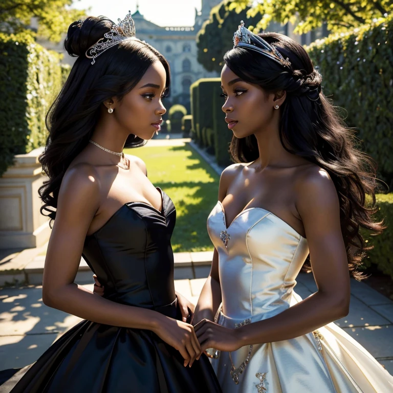 (masterpiece, best quality:1.5), highest quality, High resolution, super detailed, Realists, Upper body photo of a black sorceress, dark skin, detailed and beautiful eyes, beautiful detailed lips, very detailed eyes and face, longeyelashes, shiny satin dress, Holding a magic wand in your hand and performing a transformation spell, Magic wands present and shining, Beautiful and colorful makeup, elegant and noble々The jewelry bag, Gardens as background, soft daylight, bright colors, fine brushstrokes, Portrait style, Silk dress fabric, beautiful color palette, glowing skin, First-class rendering, that captures every detail, enchanting atmosphere, subtle shadows and lights, (perfect anatomy:1.2), (The two breathtaking sorceresses transform birds into jewelry (a transformation with a magic wand:1.4), (magnificent panorama view:1.2)