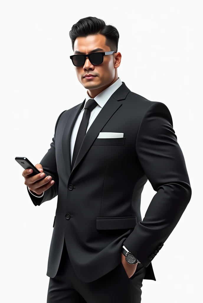 Asian strong buff man(He is strong,buff,confident, wears a suit and sunglasses and look fearless.)give phone with white background