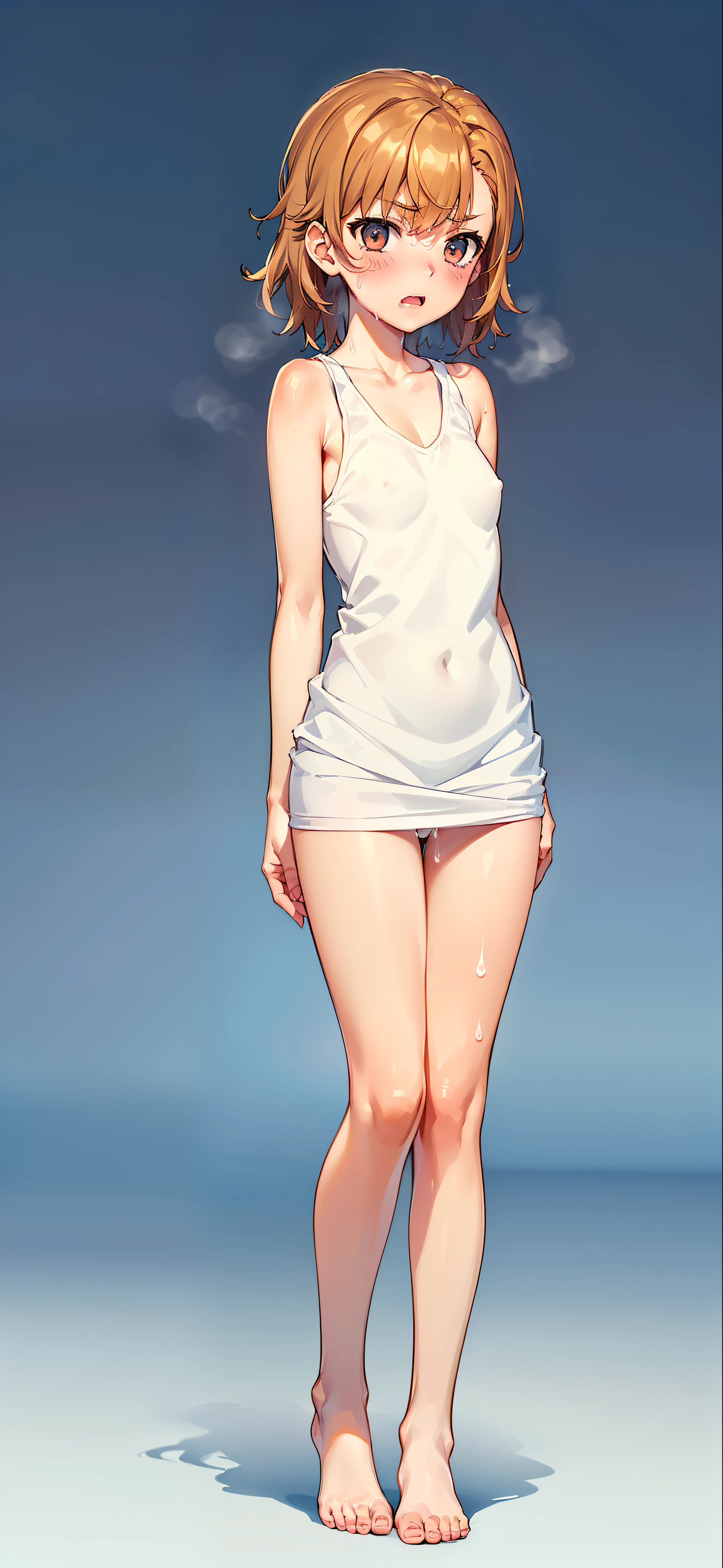 Smooth anime CG art、Focus Only、1 girl、Front view、(((All naked)))、((Full nudity))、naked、(((The shape of the genitals is clearly visible)))、(((Small breasts)))、(((sweat)))、Semi-short hair、(((Sweaty)))、Watery eye、blush、(((Embarrassed look)))、((Open your mouth))、(((standing)))、(((simple background)))、(((white tank top)))、(((white panties)))、(((fullbody shot)))