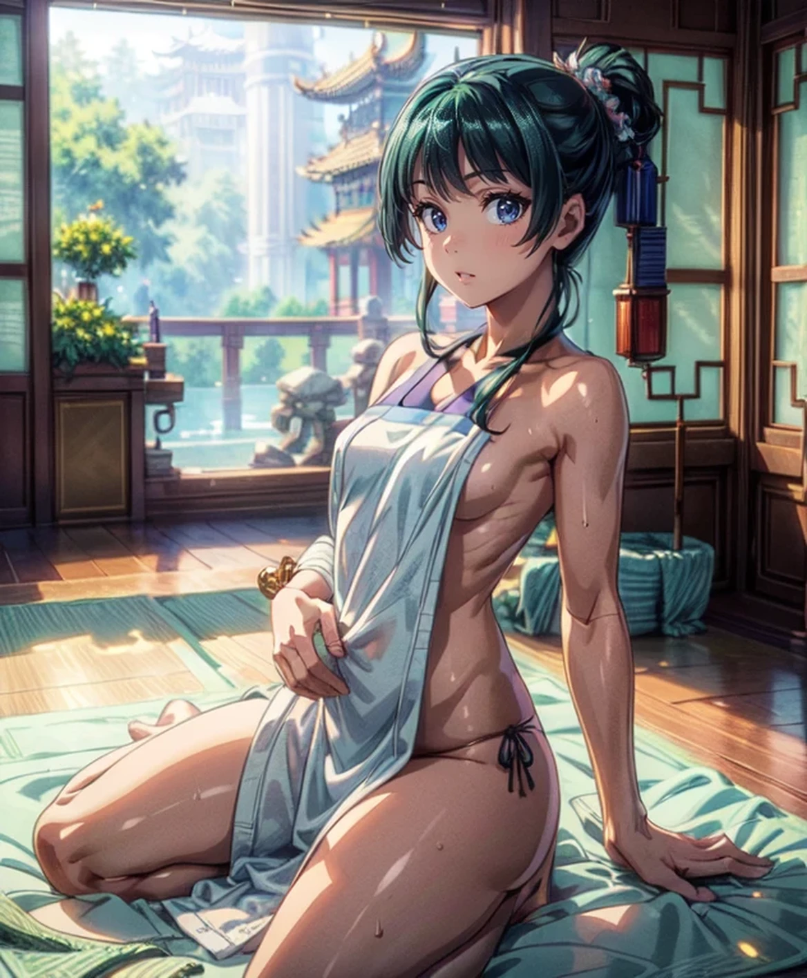 (Masterpiece, High Quality, Top quality, High-Detailed, Detailed CG, Cinematic Shadow, Cinematic Scene, Beautiful Detailed Eyes, Ultra Resolution, Depth of Field, High Resolution, Masterpiece: 1.2), Anime Art style, Very Detailed, Dynamic Angle, Teen Style, Detailed Green Hair, Detailed Blue Eyes, Purple Eye, Slim Body, Sparkling Eyes, Sparkling Detailed Eyes, Hair Accessory, Earrings, Slightly Blunt Bangs, Looking the Audience, (Embarrassing Expression:1.2), (Towel:1.2), (Towel with Chinese Pattern), (Almost Naked), (Anime Girl Holding a Towel to cover it's body), (Only wear Towel:1.2), Good Composition, Hand, weat, Thick Thighs, Small Breasts, Small Size Breasts, Blur Background, Chinese Architectures