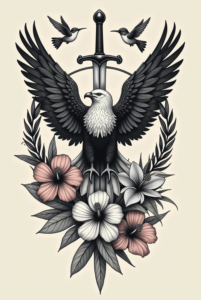 Hi, I want you to generate an image of a tattoo I want to get. I want the tattoo on my forearm, so it has to be a little small or fit in the space on my forearm. I want it to contain an empowered eagle, olive branches, a sword, a hummingbird, a hibiscus flower and lilies (it's important that it has all the elements) and I would like the style of the tattoo to be in black and grey and too much realistic
