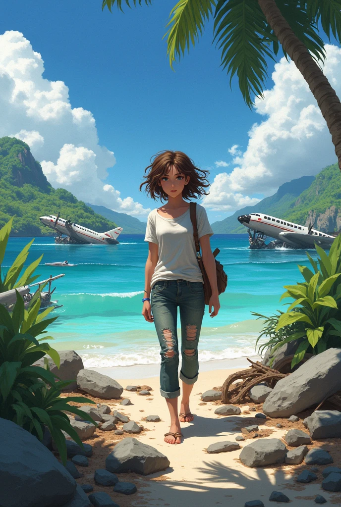 a brunette girl in a t-shirt and torn pants makes a camp on an island from the wreckage of an airplane