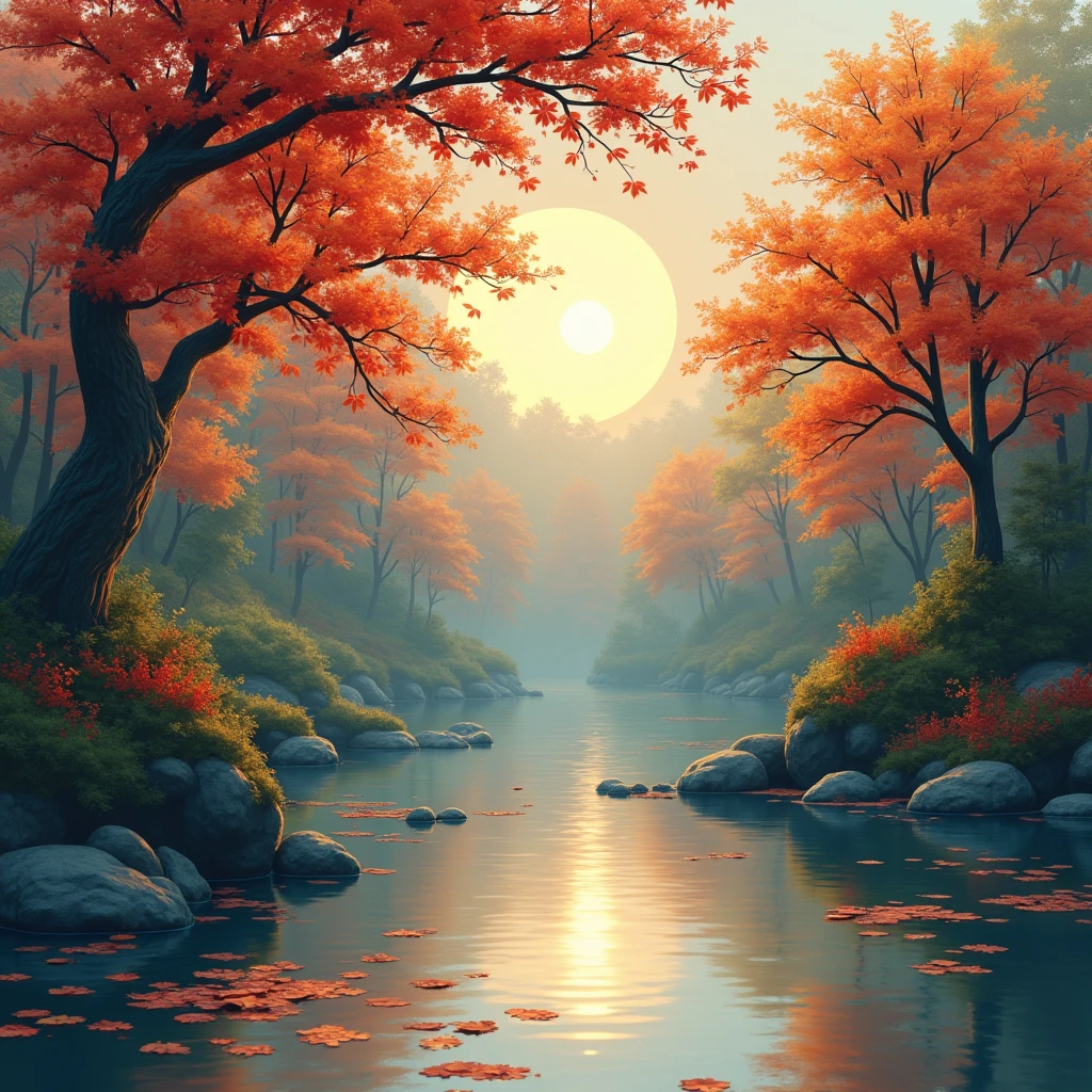 Generate round Mid-Autumn greeting cards, minimalist natural background, Monet minimalist scenery, real natural colors, realistic scenes, reality reduction, real reduction, realistic scenes, night
