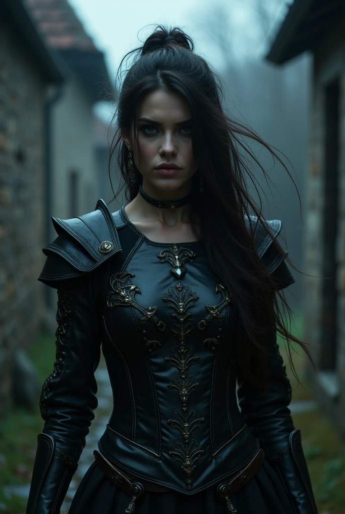(masterpiece:1.2), (best quality,:1.2), 8k, HDR, ultra detailed, ((photorealistic)), professional light, cinematic lighting, fashion photography, ambient lighting, face lighting, Brittany, earrings, choker, dark makeup, long and wild and messy hair, ((upper body shot)), dynamic pose, looking at viewer, as a female rogue, wearing intricate leather armor, walking through a dark and sinister alley in a medieval village, moonlight and fog, FanSe, epiCPhoto