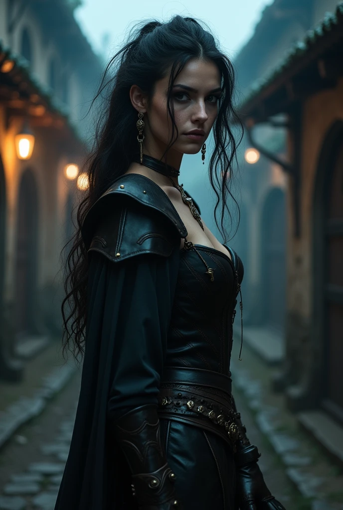 (masterpiece:1.2), (best quality,:1.2), 8k, HDR, ultra detailed, ((photorealistic)), professional light, cinematic lighting, fashion photography, ambient lighting, face lighting, Brittany, earrings, choker, dark makeup, long and wild and messy hair, ((upper body shot)), dynamic pose, looking at viewer, as a female rogue, wearing intricate leather armor, walking through a dark and sinister alley in a medieval village, moonlight and fog, FanSe, epiCPhoto