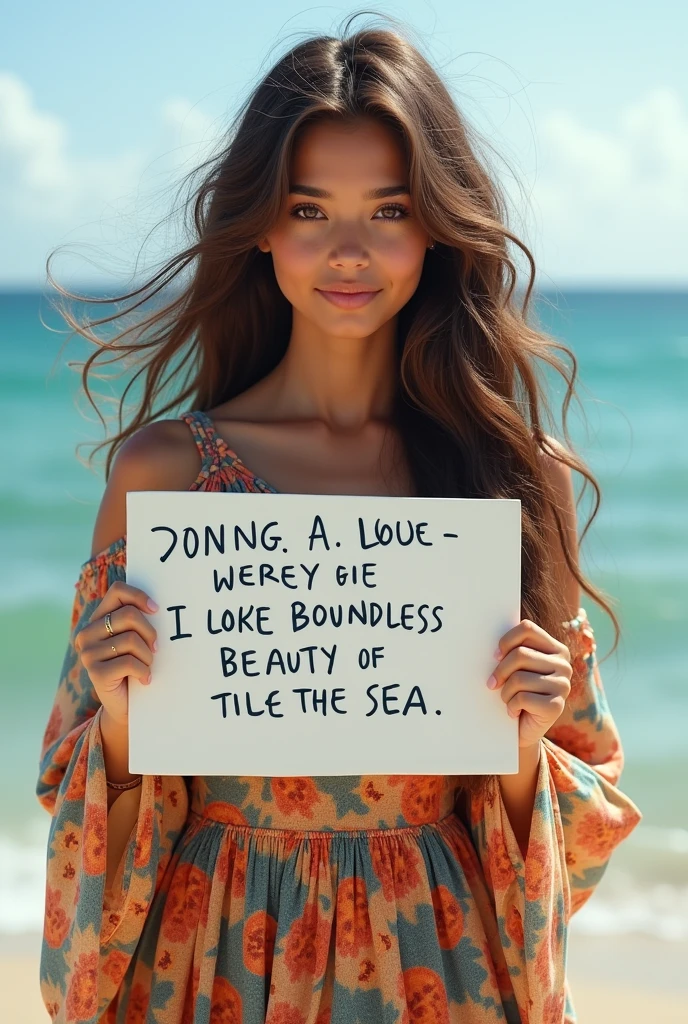 Beautiful girl with wavy long hair, bohemian dress, holding a white board with text "I Love Seaart Infinity" and showing it to the viewer