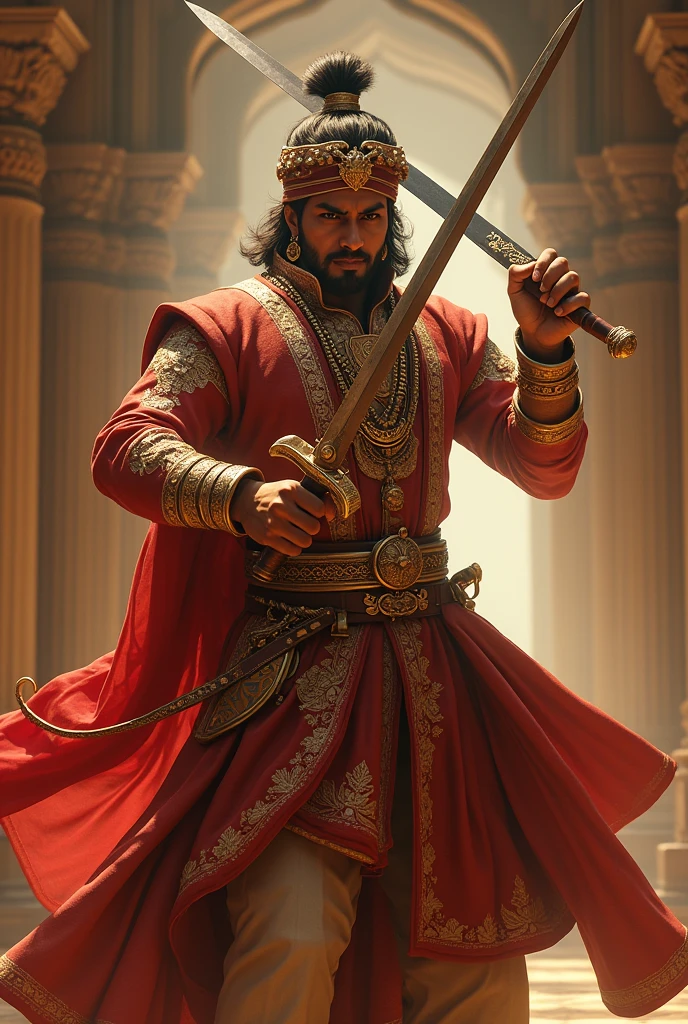 Give me an outstanding image of peshwa bajirao playing with his sword, it should be of high quality