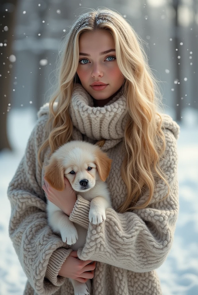 une belle fille aux longs cheveux blonds, Yeux détaillés, nez, et les lèvres, dans la neigeavec un chiot dans les bras , femme qui ressemble a alisha lehmann realiste