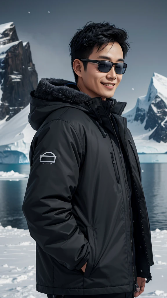 a man wearing wearing oakley glasses, from Korea, wearing a thick dark gray jacket, standing smiling, the background is the Antarctic continent, morning atmosphere, snowing, professional profile picture, beautiful lighting