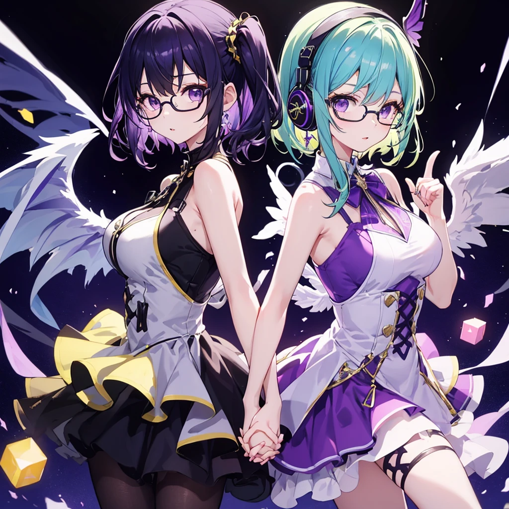 ((Highest quality)), (detailed), Holding hands and pointing back to back, a girl with dark blue hair, short hair, long bangs, large breasts, purple eyes, black round-rimmed glasses, and white headphones, and a girl with average-sized small breasts, long blonde hair, purple eyes, and a long side ponytail with large wings, no glasses、Holding hands and standing back to back.0、Yellow and purple light cube background 1.7、Idol costume 1.6