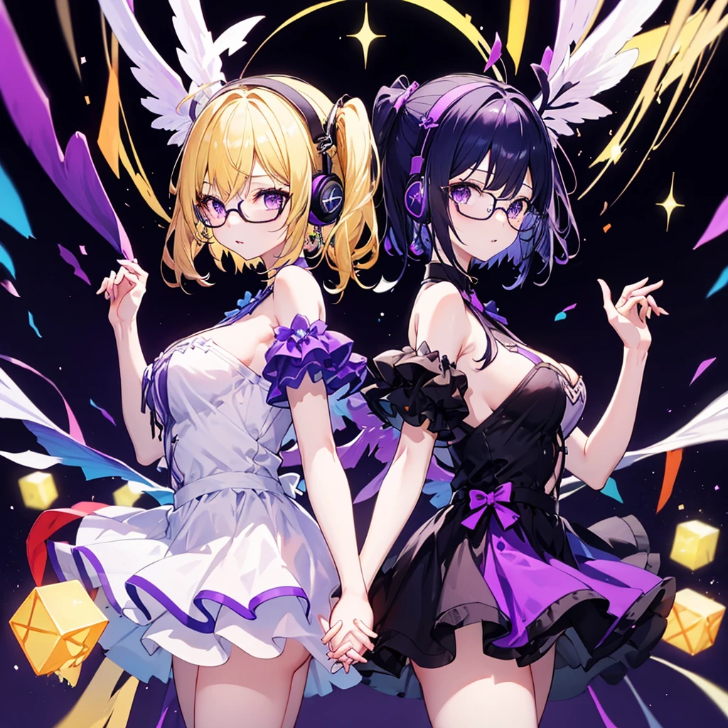 ((Highest quality)), (detailed), Holding hands and pointing back to back, a girl with dark blue hair, short hair, long bangs, large breasts, purple eyes, black round-rimmed glasses, and white headphones, and a girl with average-sized small breasts, long blonde hair, purple eyes, and a long side ponytail with large wings, no glasses、Holding hands and standing back to back.0、Yellow and purple light cube background 1.7、Idol costume 1.6