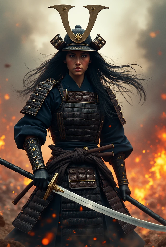 Japan Female Samurai、Female warriors of the Sengoku period、Put on a helmet、Intense battle scenes、There are a lot of people fighting around、There are flames all around、Presence。Genuine、Genuine、２５Year、Black Hair