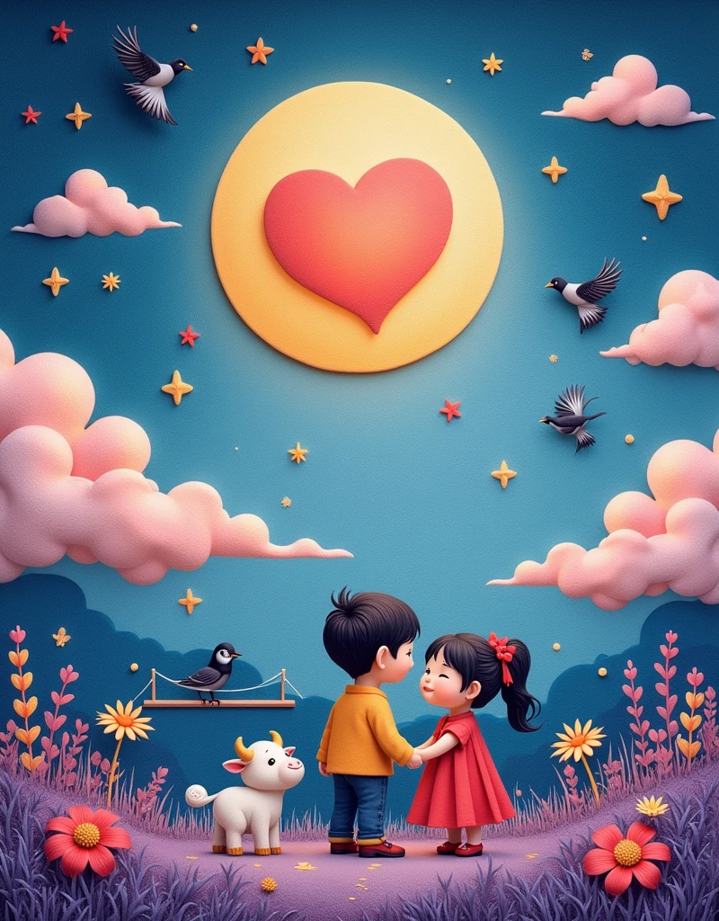 Wool felt style,Surreal space,abstract,Ancient Chinese Mythology,Hanfu,Boys and girls snuggle together,A calf stands at the boy's feet,Fluffy love heart,Fluffy clouds,Star,Beautiful moon,Magpies build a small bridge,Grass,Flowers,In a dream,A vibrant and fun way to set the stage,Blue, purple and pink tones,Bright,Art