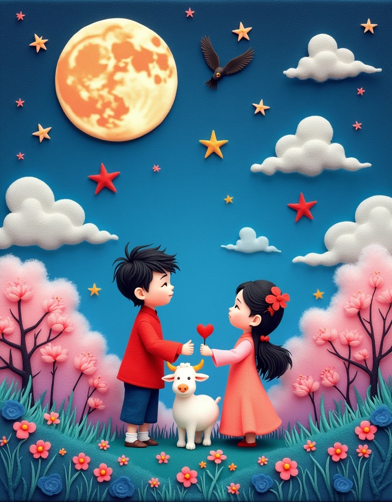 Wool felt style,Surreal space,abstract,Ancient Chinese Mythology,Hanfu,Boys and girls snuggle together,A calf stands at the boy's feet,Fluffy love heart,Fluffy clouds,Star,Beautiful moon,Magpies build a small bridge,Grass,Flowers,In a dream,A vibrant and fun way to set the stage,Blue, purple and pink tones,Bright,Art