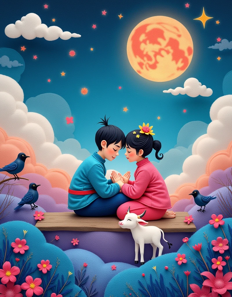 Wool felt style,Surreal space,abstract,Ancient Chinese Mythology,Hanfu,Boys and girls snuggle together,A calf stands at the boy's feet,Fluffy love heart,Fluffy clouds,Star,Beautiful moon,Magpies build a small bridge,Grass,Flowers,In a dream,A vibrant and fun way to set the stage,Blue, purple and pink tones,Bright,Art