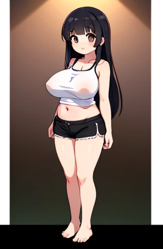 (((high quality, High resolution, Finer details))),Japanese women, face,Iris,Brown eyes,iris,Black Hair,bangs,Long hair down the back,,Straight hair,Soft lips,Fat muscle,(Big Breasts),plump belly,A little bigger ass,barefoot,standard height,((Black camisole)),((Pink shorts)),((Standing in front of the camera)),(Full body view),(Front view).erect under cloths.