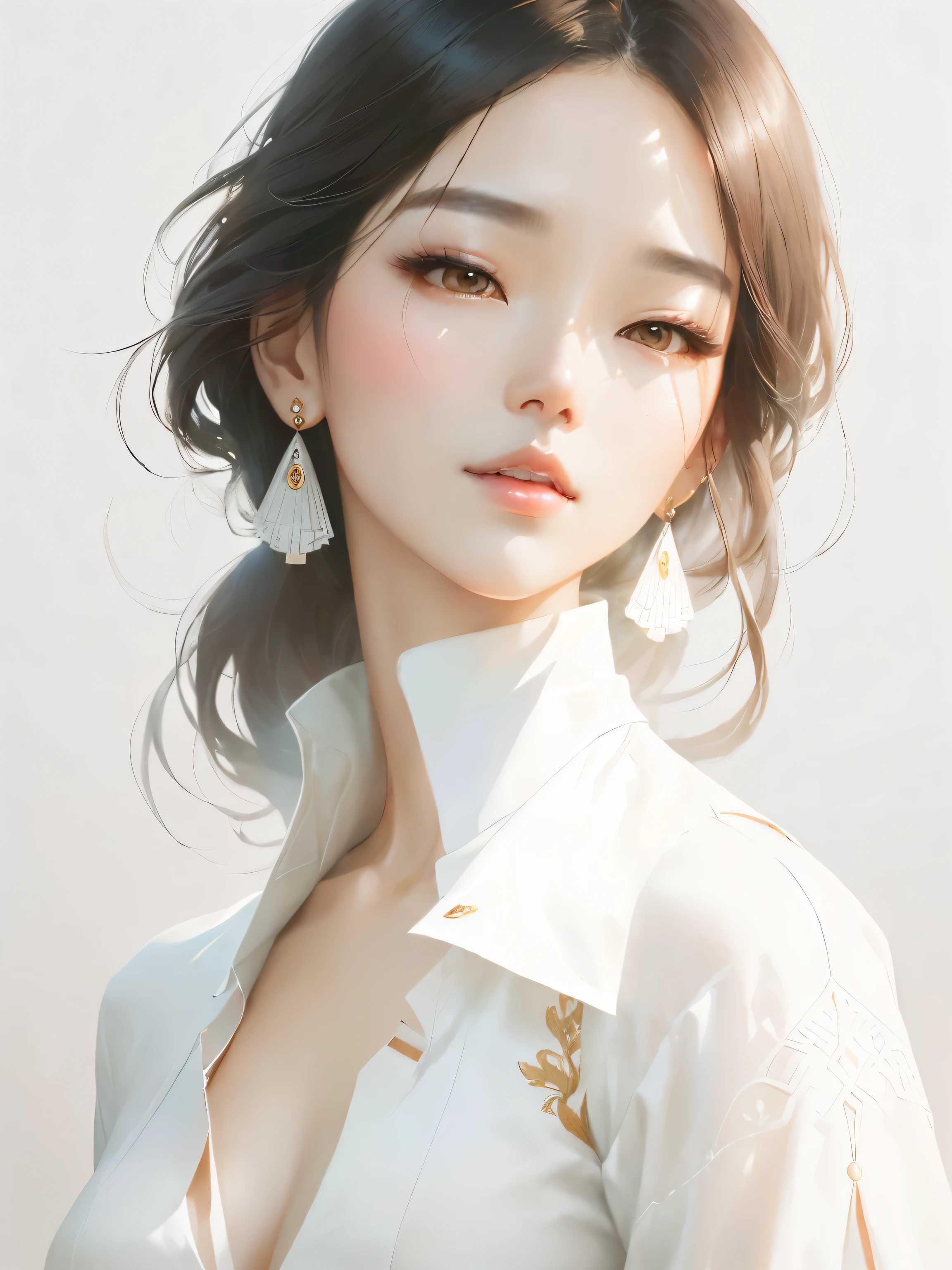 Female figure wearing white shirt and earrings, Li Song, author：Tang Shan-yun, A beautiful artistic illustration, author Jeong Seon, author：Yang J, Elegant digital art, Beautiful digital illustrations, Elegant digital painting, Gorgeous numbers, guweiz style artwork, Portrait of a Korean female idol, Beautiful Numbers