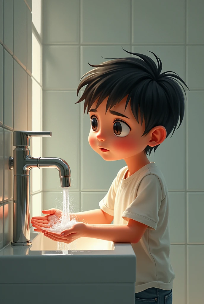 A boy is washing his hands 
