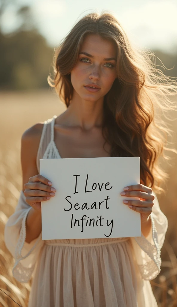 Beautiful girl with wavy long hair, bohemian dress, holding a white board with text "I Love Seaart Infinity" and showing it to the viewer