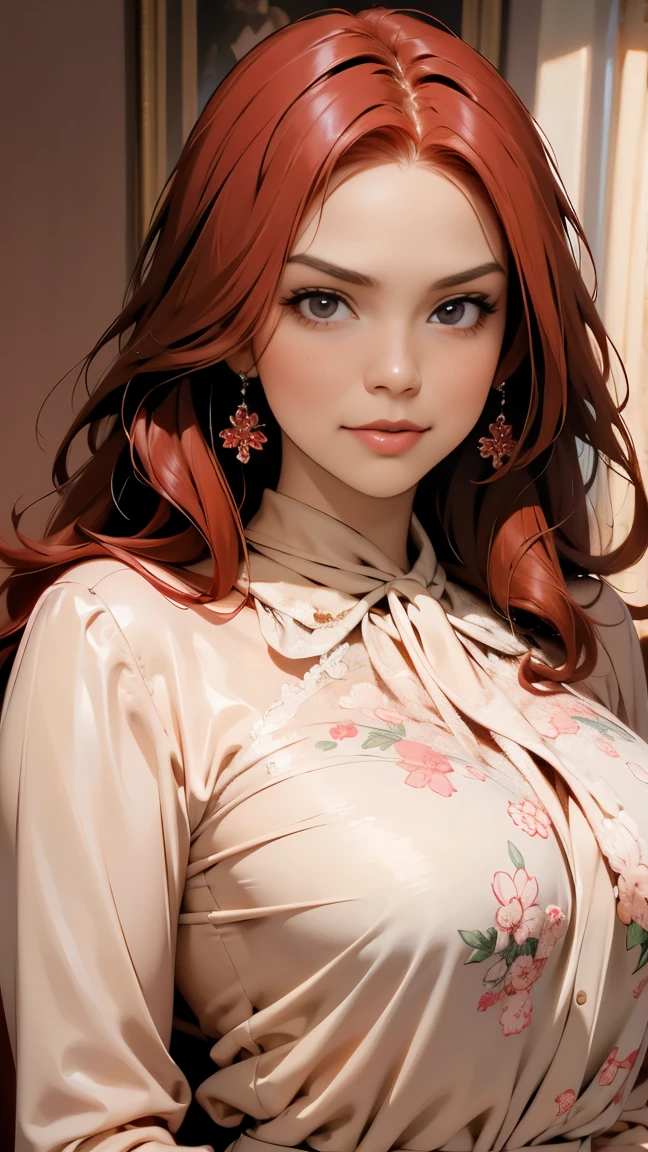 There is a woman sitting on a bed wearing a pink floral pajamas, red-haired girl, beautiful red-haired woman, red-haired woman, young red-haired girl, short bright red hair, red hair and attractive features, Anna Nikonova aka Newmilky, red-haired girl, redhead, beautiful woman, posing in bed, red head, with short red hair, posing in a room