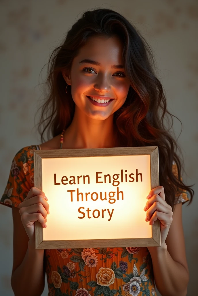 Beautiful girl with heart-warming smile and wavy long hair, bohemian dress, holding a white board with text "learn English Through Story" and showing it to the viewer, the board is glowing with a the text.