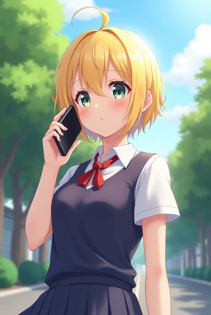 Beautiful anime girl with blonde short hair, school uniform, holding a phone, in the streets