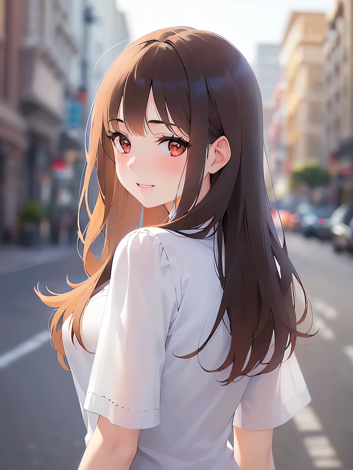 look back, Upper Body, Realistic, real person, (pale skin: 1.2), RAW photo, photorealistic, shiny skin, shiny hair、(A 25-year-old woman with medium-length hair and bangs) and (wavy hair) and (brown hair) and (orange eyes) , (white) and (blouse) 、(blush:1.5), smile, Background is white、Alone、Are standing