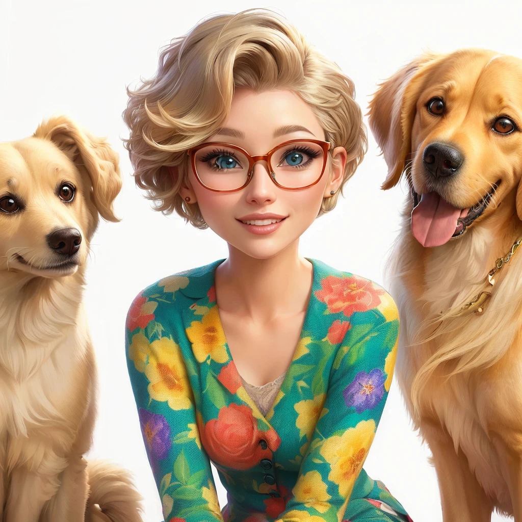 There is a blonde woman with short hair and glasses crouching with two dogs, one on a leash, on a street with a very colorful garden in the background to the right. in the style of Disney animation, animated film still
