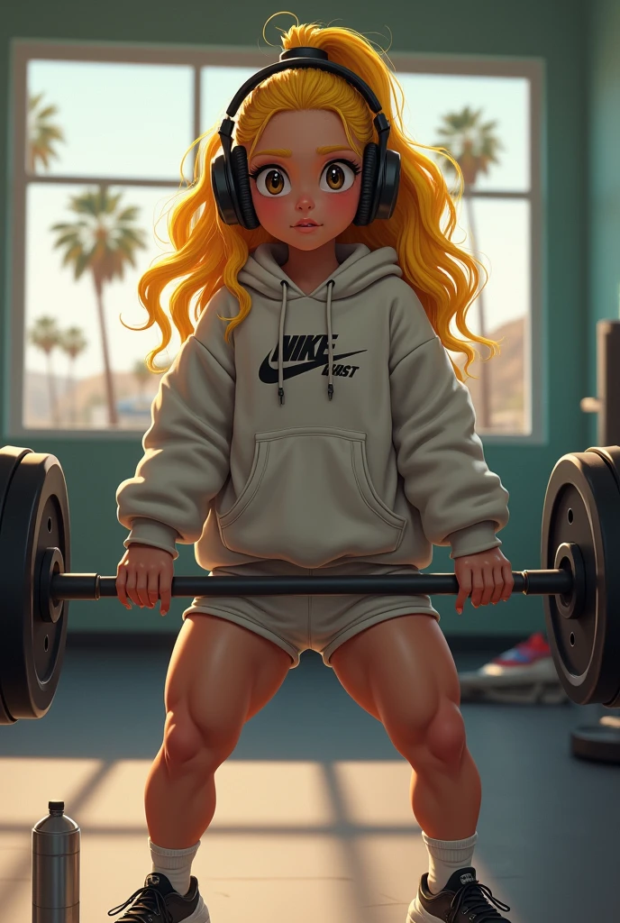 Girl with yellow wavy curly hair wearing headphones lifting weights wearing big butt shorts and sweatshirt in Los Angeles California Nike shoes water bottle on floor in gym