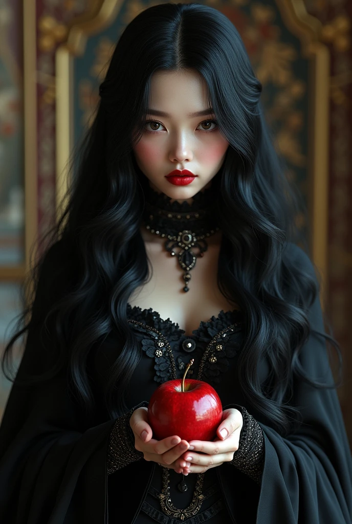 ((RAW Photo), absurd, (absurdresolution)), masterpiece, best quality, (Extremely detailed 8k unity CG wallpaper), (best illustration), (best shadow), Realistic lighting, beautiful detailed glow, ((21 years old)), girl, long black hair, black queen, accessories, apple in hand, poisoned apples, witch queen, red lipstick, (((Photographic Perspective of her)))