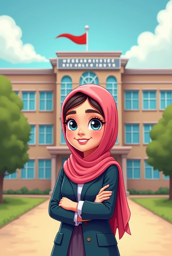 Pakistani hijjab girl cartoon stand front of the school name The Paramount science school . In her  back print Iqra Akram 468
